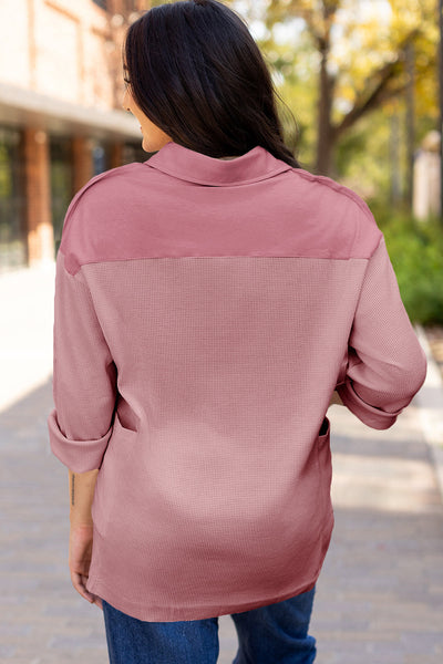 Women's Relaxed Fit Pink Waffle Knit Long Sleeve Collared Top - Stylish Half Button Design for Casual Comfort