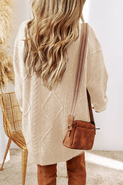 Women's Oatmeal Cable Knit Sweater Dress with Drop Shoulder