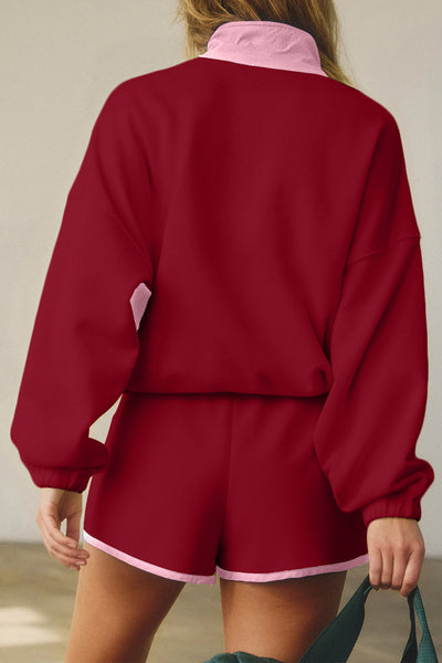 Cozy Women's Half Button Sweatshirt & Shorts Set in Soft Fabric - Casual Lounge Outfit for Relaxing & Outings