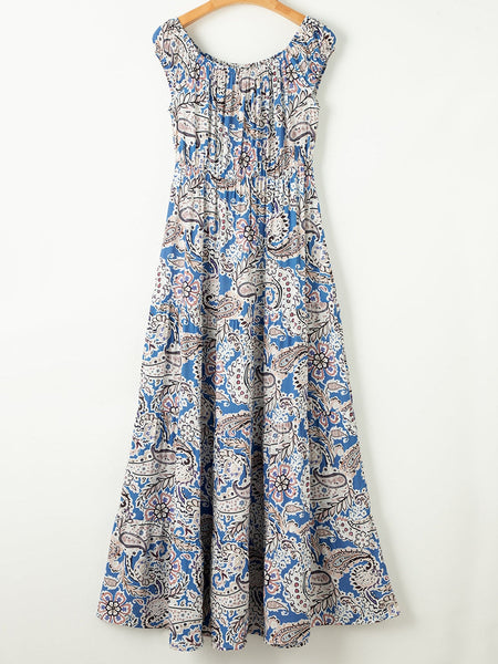 Printed V-Neck Off-Shoulder Short Sleeve Dress