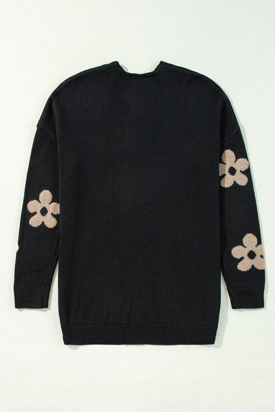 Women's Cozy Black Floral Print Knitted Cardigan - Open Front, Loose Fit for Casual Outings and Layering