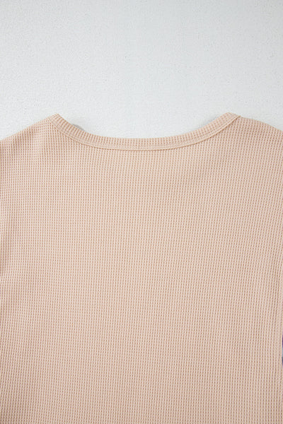 Trendy Women's Floral Patchwork Puff Sleeve Waffle Knit Top in Parchment - Chic and Comfortable for Any Occasion
