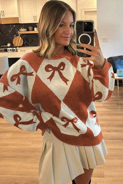 Cozy Women's Orange Bow Print Two-Tone Knit Sweater - Relaxed Fit for Effortless Everyday Style