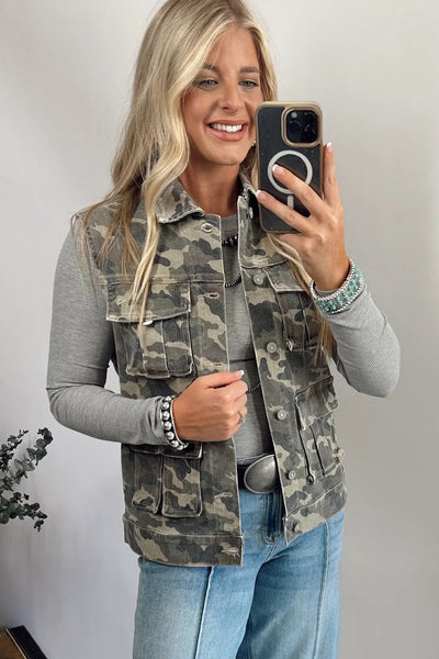 Women's Casual Green Camouflage Denim Vest with Button Closure and Functional Cargo Pockets for a Trendy Look made for easy styling and wardrobe