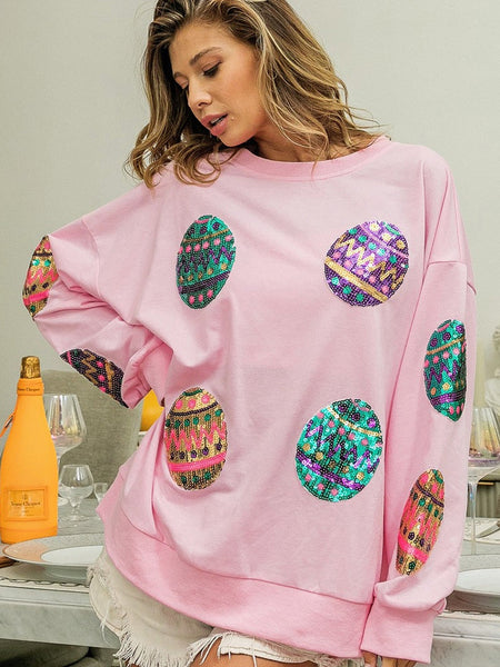 Sparkling Pink Easter Egg Drop Shoulder Oversized Sequin Sweatshirt