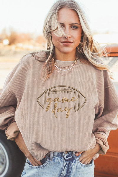 Women's Embroidered Game Day Ribbed Sweatshirt in Apricot