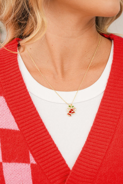 Women's Gold-Plated Festive Bell Pendant Necklace with Rhinestones
