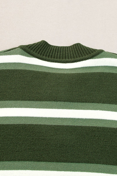 Women's Chic Women's Green Striped Drop Shoulder Cardigan Sweater with Buttons - Cozy Casual Layer for Effortless Style