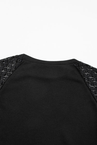 Elegant Women's Black Lace Long Sleeve Pullover - Textured Knit Top with Stylish Detailing & Cozy Comfort