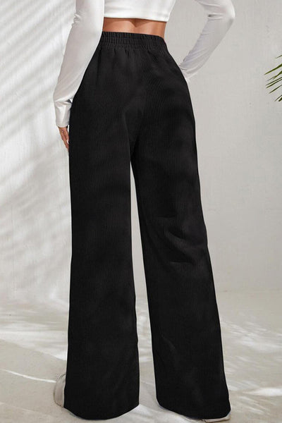 Trendy Women's Black Wide Leg Corduroy Pants with Split Hem - Comfortable Fit for Casual and Chic Style