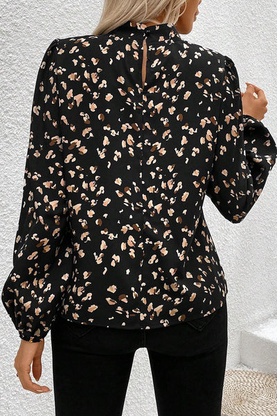 Elegant Black Leopard Print Pleated Blouse for Women with Lantern Sleeves and Stylish Mock Neck Design