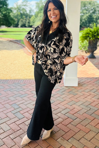 Women's Black Botanical Leaf Print Color Block V-Neck Dolman Blouse - Effortless Chic for Any Occasion