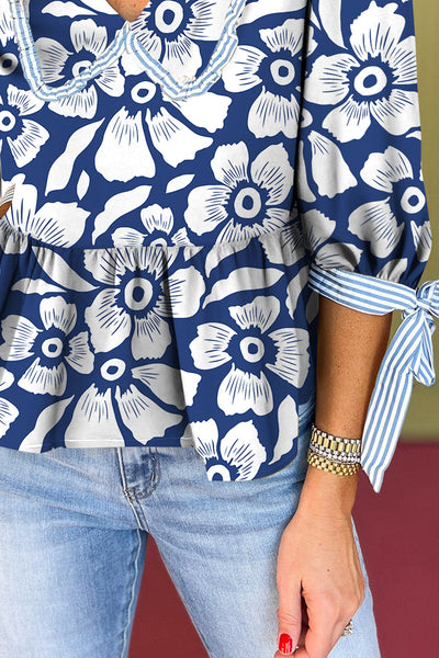 Women's Floral Print Blue Blouse with V-Neck, Striped Trim, Peter Pan Collar & Half Sleeves - Chic and Stylish