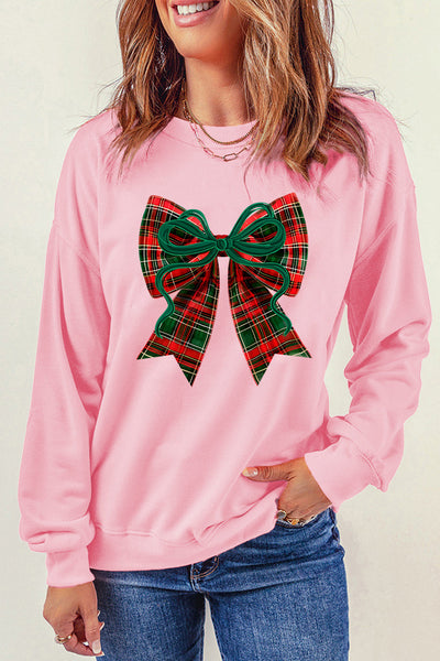 Women's Plaid Bow Graphic Pink Sweatshirt | Cotton-Blend Holiday Top