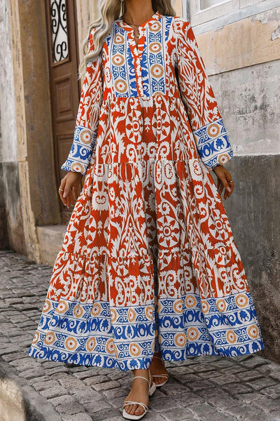 Women's Flowy Orange Boho Maxi Dress with Geometric Print and Long Sleeves for Effortless Style and Comfort