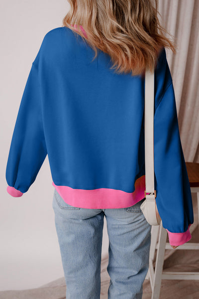 Trendy Women's Blue Colorblock Bubble Sleeve Sweatshirt Stylish Casual Top for Comfort and Everyday Wear