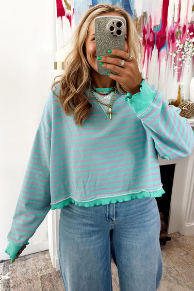 Cozy Oversized Green Stripe Sweatshirt for Women with Exposed Seams & Contrast Trim - Casual Chic Essential