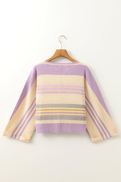 Cozy Purple Striped Dolman Sleeve Sweater for Women - Rib Knit, Cuffed Design for Effortless Style and Comfort