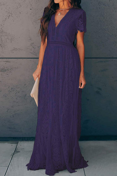 Women's Floral Crochet Lace V-Neck Midi Dress with Bell Sleeves