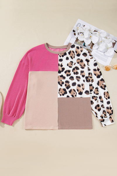 Women's Rose Pink Leopard Colorblock Plus Size Top