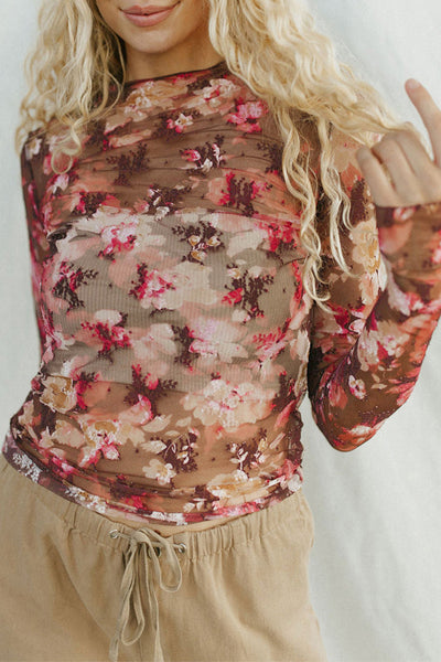 Elegant Women's Red Floral Print Sheer Mesh Long Sleeve Blouse Lightweight Summer Top for Chic and Stylish Looks