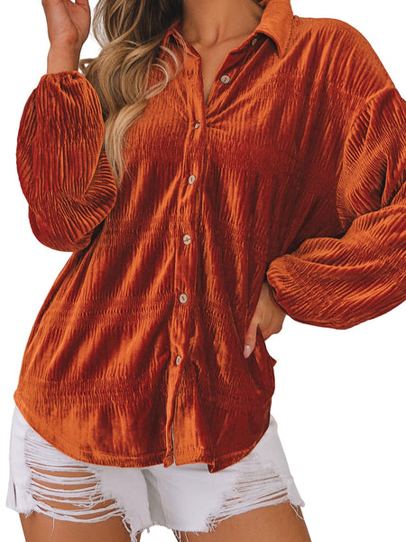 Women's Velvet Orange Lantern Sleeve Button Up Shirt