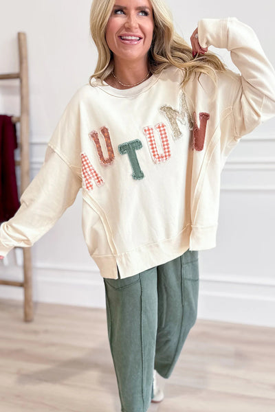 Women's Beige Autumn Patchwork Letter Pullover Sweatshirt