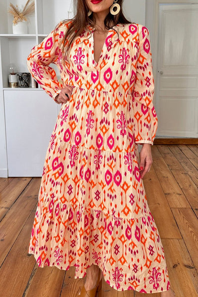 Stylish Women's Orange Geometric Print Maxi Dress - Flattering Western-Inspired Summer Outfit for Effortless Elegance