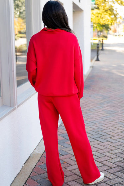 women's fiery red athleisure set - stylish quarter-zip pullover and drawstring sweatpants for ultimate comfort made for easy styling and wardrobe with