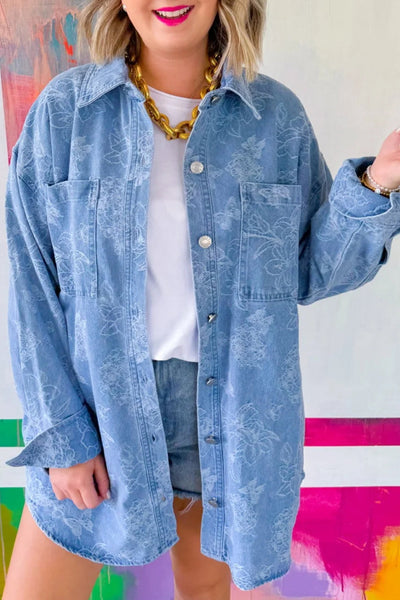 Women's Casual Denim Shacket with Floral Butterfly Print, Double Patch Pockets, Trendy Relaxed Fit for Everyday Wear