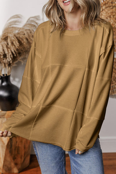 Women's Cozy French Beige Patchwork Sweatshirt - Casual Drop Shoulder Design for Everyday Comfort and Style