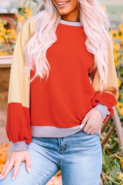 Women‚Äôs Casual Orange Color Block Raglan Sleeve Top with Side Slits - Relaxed Fit for Effortless Style