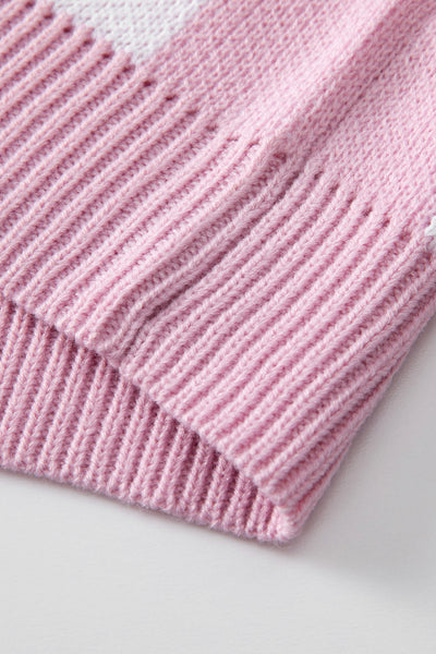 Chic Women's Pink Checkered Bishop Sleeve Sweater - Cozy Knit Pullover for Effortless Casual Style