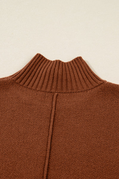 Women's Cozy Chestnut Ribbed High Neck Shift Dress with Pockets - Perfect Fall Fashion for Effortless Style