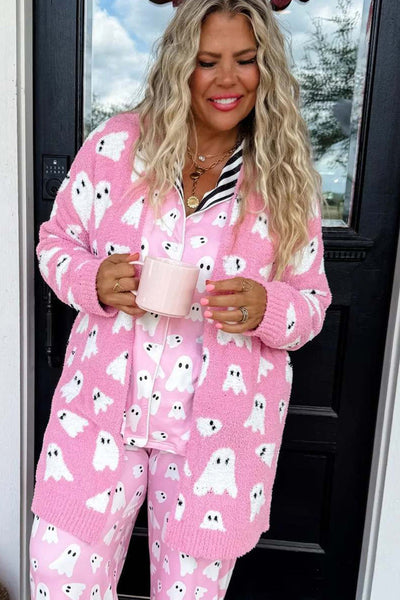 Women's Ghost Pattern Knit Cardigan in Bonbon Pink made for easy styling and wardrobe coordination, with premium-like structure and finish.