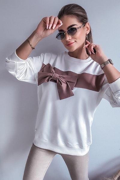 Chic Women's White Color Block Sweatshirt with Ribbon Bow Detail - Trendy Crew Neck Top for Casual Style