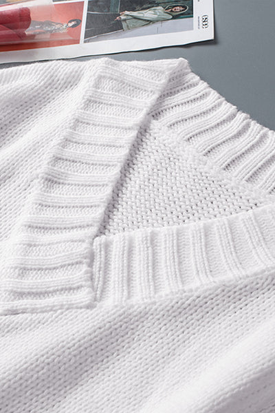 Chic Women's White V-Neck Drop Shoulder Sweater Cozy Knit for Effortless Style and All-Day Comfort