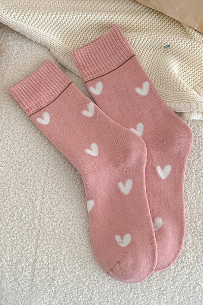Women's Pink Heart Print Polyester Crew Socks with Ribbed Cuffs
