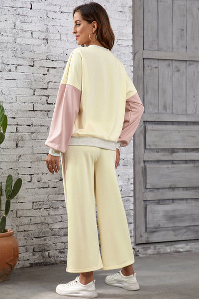 Women's Apricot Color Block 2-Piece Loose Fit Pullover & Pants Set for Casual Comfort & Chic Everyday Style