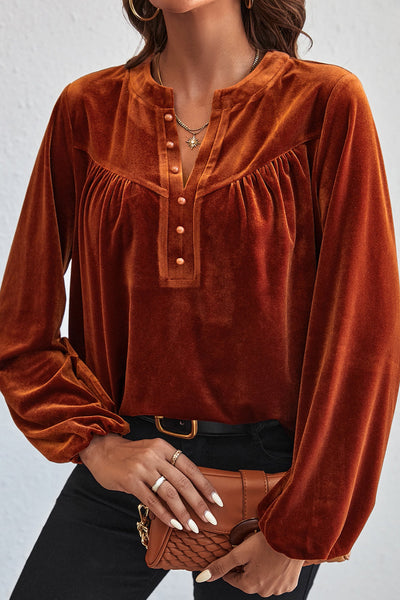 Elegant Women's Gold Velvet Top with Beaded Details, Lantern Sleeves, and Split V-Neck for Evening Events