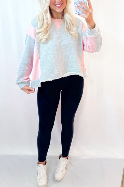 Women's Casual Light Grey Colorblock Sweatshirt with Raw Edge - Comfy and Stylish Top for Everyday Outfits