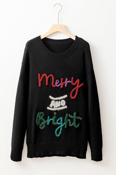 Women's Cozy Black Tinsel Christmas Graphic Sweater - Merry & Bright Holiday Style, Perfect Gift for Festive Occasions