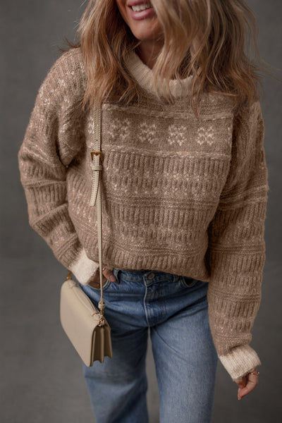 Stylish Women's Dark Brown Geometric Knit Sweater with Contrast Colors and Drop Sleeves Ideal for Casual Layering