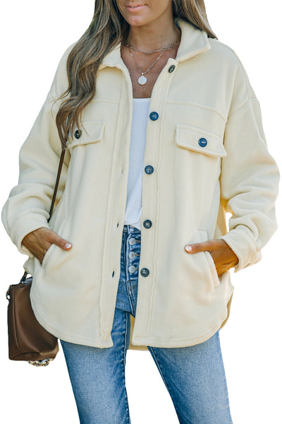 Stylish Beige Button-Up Shirt Jacket for Women - Versatile Layering Top with Turn Down Collar for All Seasons