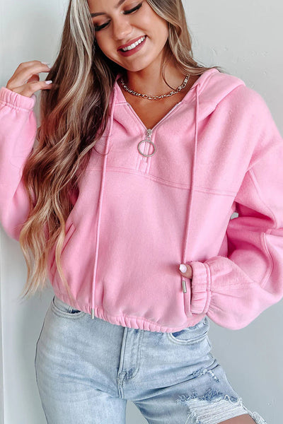 Trendy Women's Pink Cropped Hoodie Sweatshirt with Quarter Zip and Drop Shoulder for a Relaxed, Stylish Look