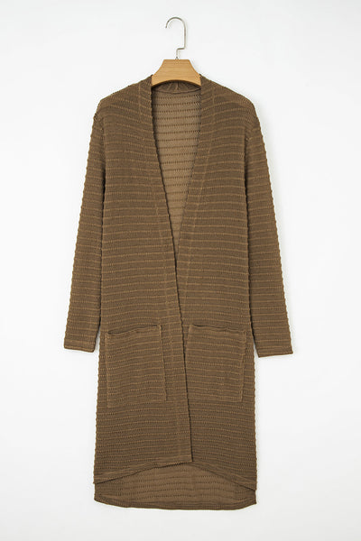 Chic Women's Camel Striped Knit Duster Cardigan with Double Pockets - Effortless Open Front Layer for Stylish Comfort