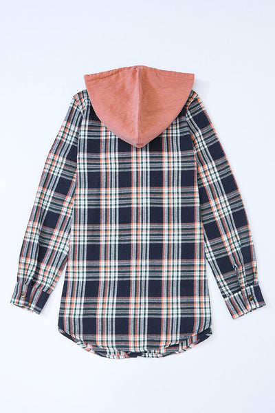 Women's Pink Plaid Shacket with Hood & Drawstring - Trendy Layering Jacket for Effortless Casual Style