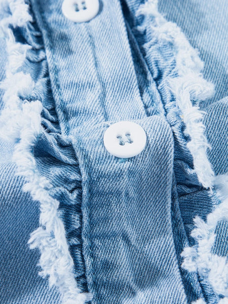 Women's Beau Blue Ruffle Flutter Sleeve Frayed Denim Top