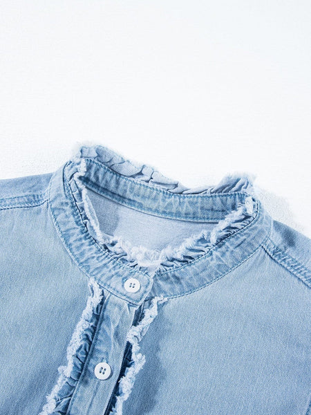 Women's Beau Blue Ruffle Flutter Sleeve Frayed Denim Top