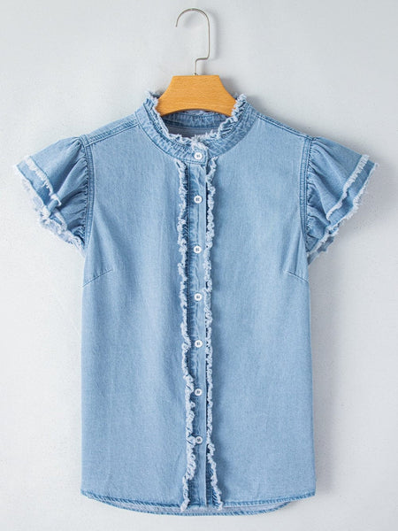 Women's Beau Blue Ruffle Flutter Sleeve Frayed Denim Top